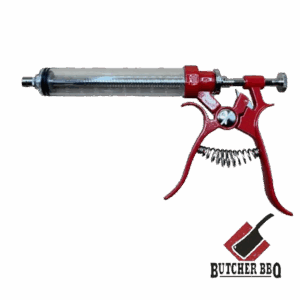 Gourmet Pistol Grip Meat Injector on white background with Butcher BBQ logo.