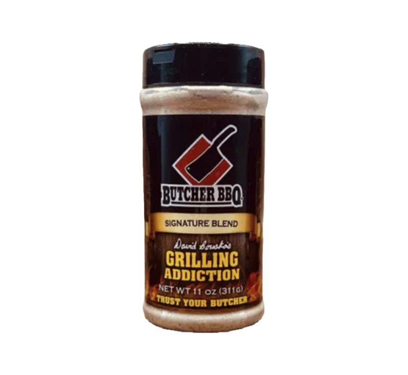 Bottle of Grilling Addiction Dry Rub Seasoning with bold BBQ label