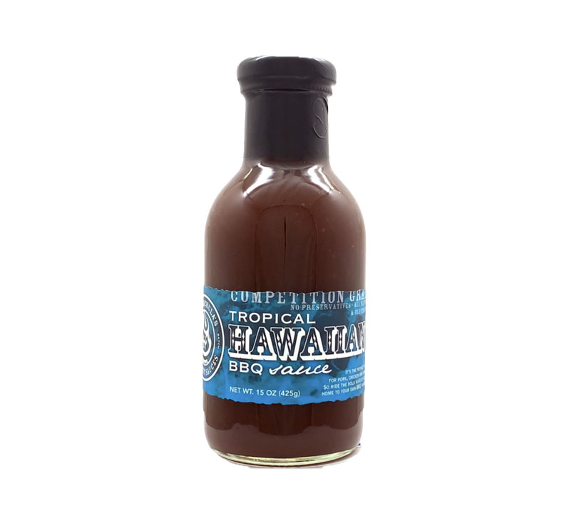 Bottle of Hot Wachula’s Tropical Hawaiian BBQ Sauce with bold island branding