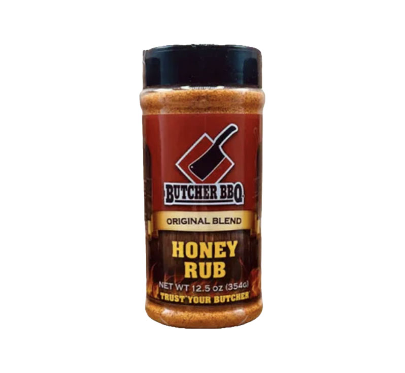 Bottle of Butcher BBQ Honey Rub The Original Dry Rub with classic BBQ label