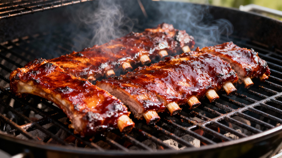 Glazed BBQ pork ribs on grill with smoke