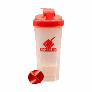 Clear plastic injection marinade shaker bottle with red snap-top lid and Butcher BBQ logo