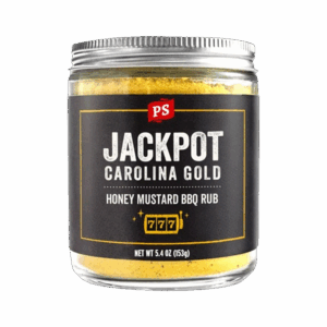 Jackpot Honey Mustard Rub jar with Carolina Gold BBQ seasoning