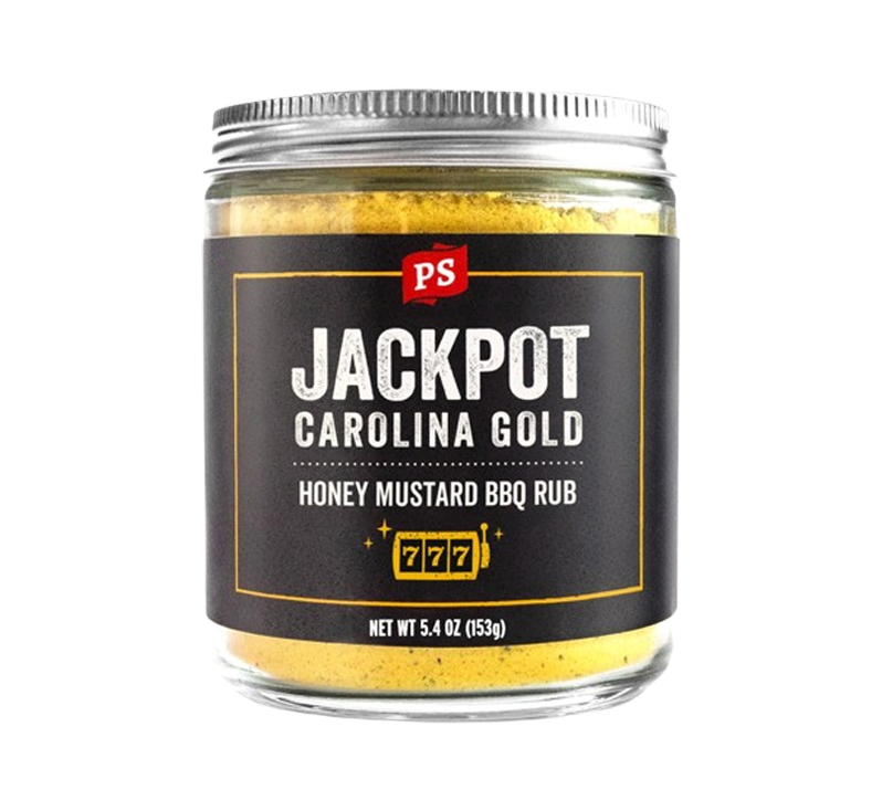 Jackpot Honey Mustard Rub jar with Carolina Gold BBQ seasoning