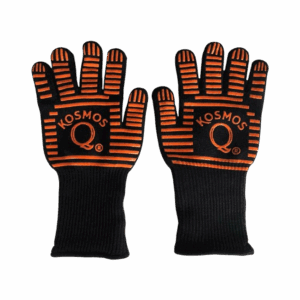 Heat resistant grill gloves with black fabric and orange silicone grip stripes
