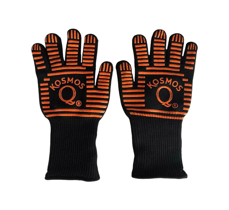 Heat resistant grill gloves with black fabric and orange silicone grip stripes