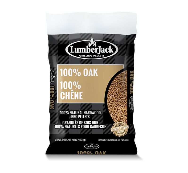 LumberJack 100% Oak bilingual hardwood BBQ pellets 20 lb bag front.
