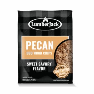 LumberJack Pecan BBQ Wood Chips showing sweet savory flavor label.