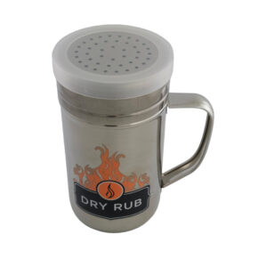 Stainless steel dry rub shaker with handle and lid