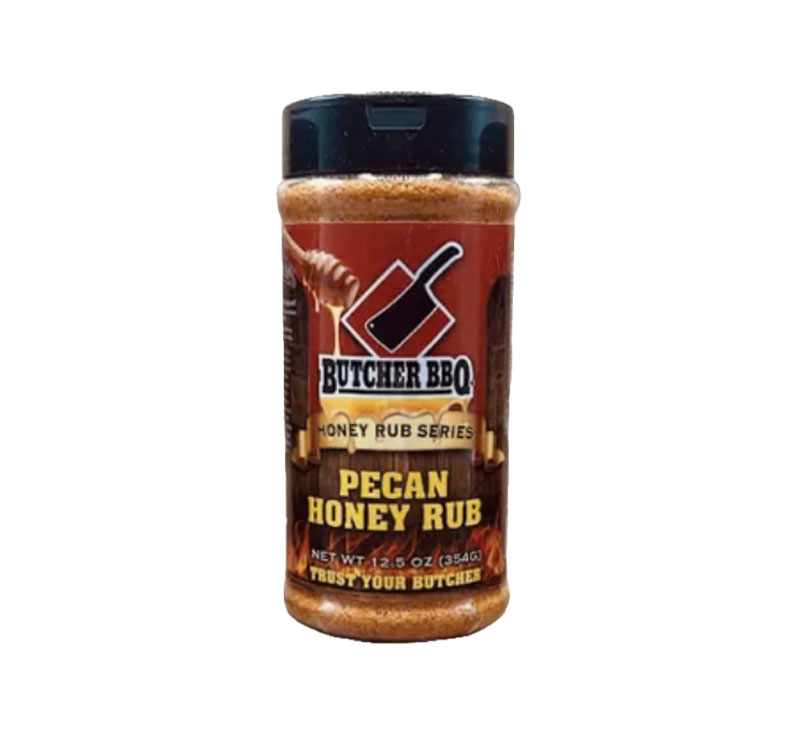 Bottle of Butcher BBQ Honey Rub Pecan Flavor with pecan-themed BBQ label