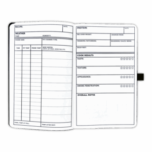 Open Pitmaster Log Book showing blank recipe templates