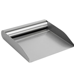 Person transferring chopped tomatoes with stainless kitchen food scoop