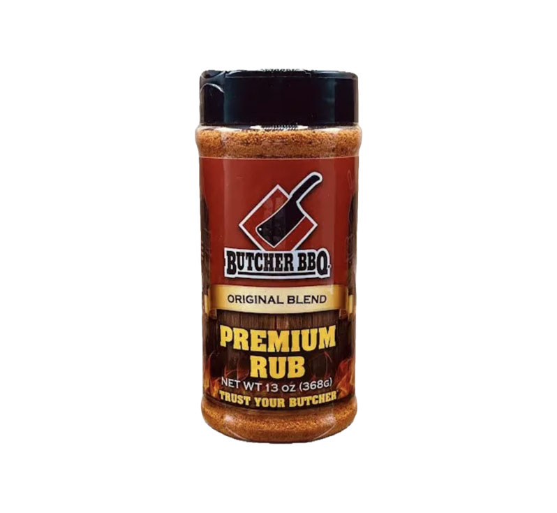 Bottle of Butcher BBQ Premium Barbecue Rub with bold competition BBQ label