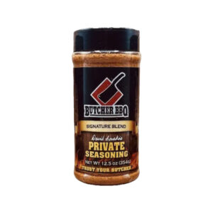 Bottle of Butcher’s Private Seasoning with classic butcher-style BBQ label