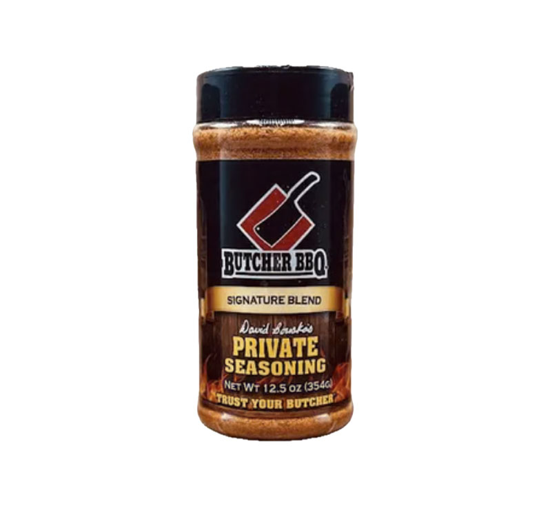 Bottle of Butcher’s Private Seasoning with classic butcher-style BBQ label