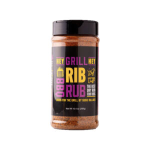 Bottle of Hey Grill Hey Rib Rub with classic BBQ label