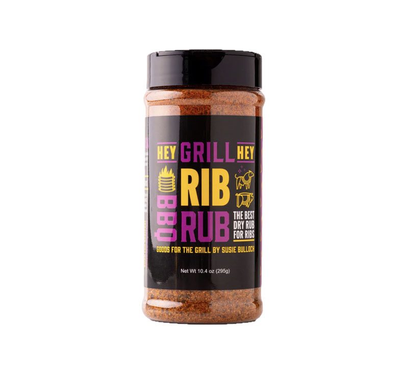 Bottle of Hey Grill Hey Rib Rub with classic BBQ label