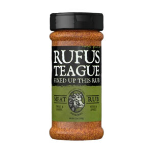 Bottle of Rufus Teague Original Meat Rub seasoning with green label and black cap
