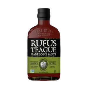 Bottle of Rufus Teague Smoky Apple BBQ Sauce with green label and apple graphic