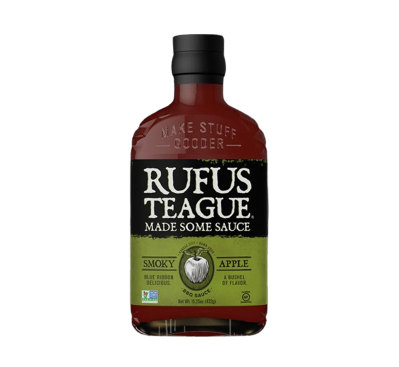 Bottle of Rufus Teague Smoky Apple BBQ Sauce with green label and apple graphic