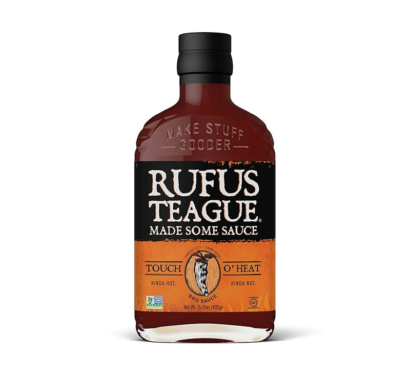 Bottle of Rufus Teague Touch O Heat BBQ Sauce with mild heat barbecue flavor