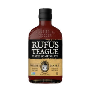 Rufus Teague Whiskey Maple BBQ Sauce bottle with black label and maple whiskey flavor