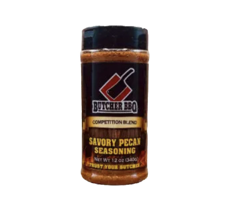 Bottle of Savory Pecan Flavor Barbecue Rub with pecan-themed BBQ label