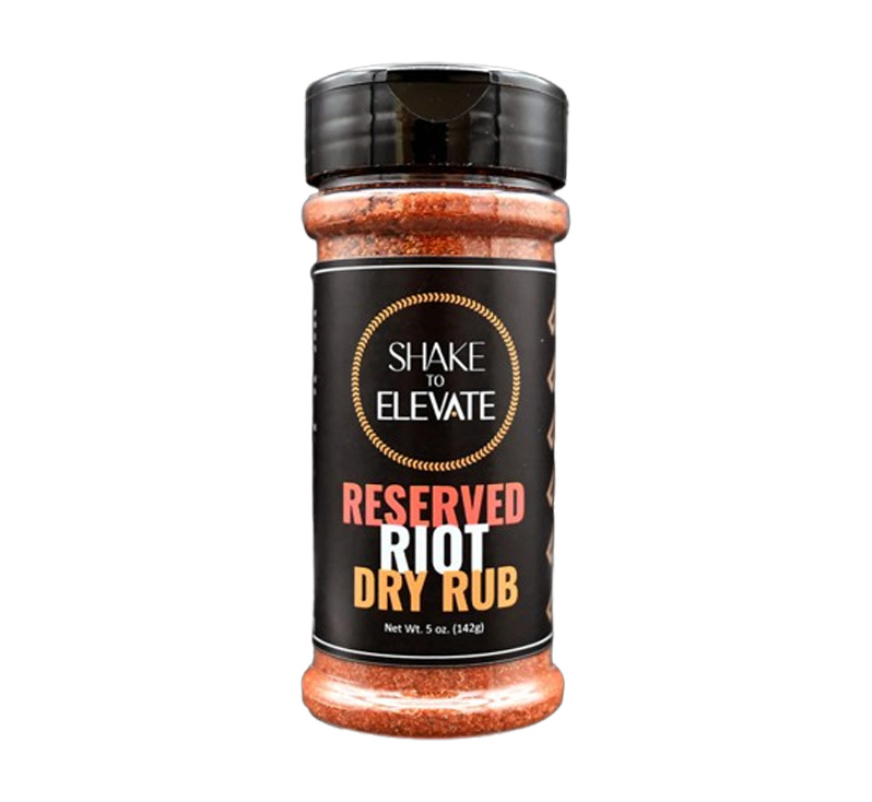 Shake to Elevate Reserved Riot no salt BBQ dry rub bottle with medium spicy seasoning