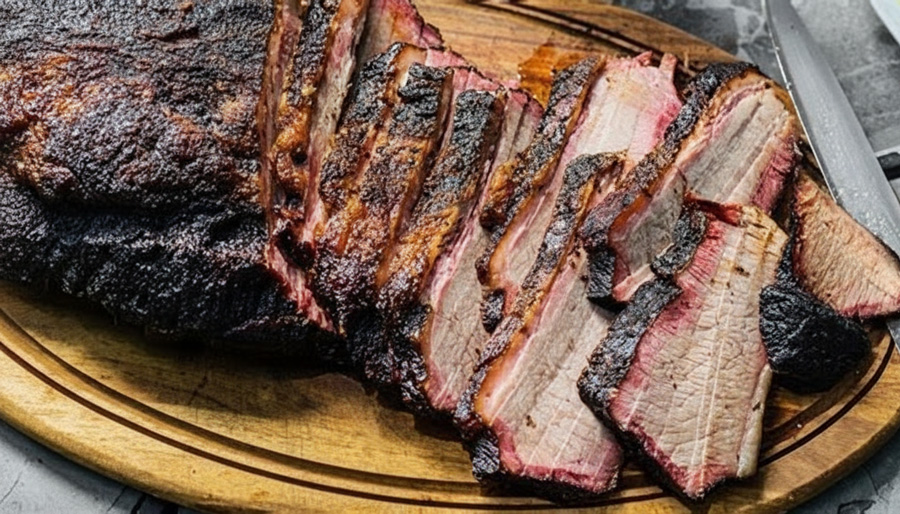 1. Close-up of sliced smoked brisket with dark bark on a wooden board
