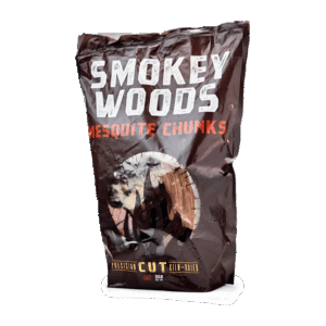 Smokey Wood Mesquite Chunk bag with bold mesquite branding