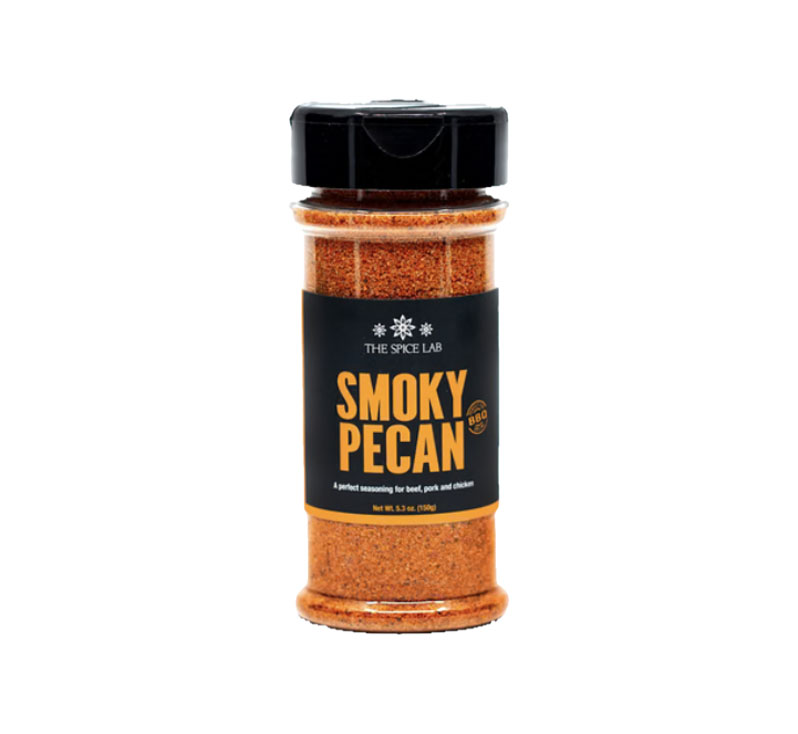 Smoky pecan rub seasoning bottle with dark smoky spice blend