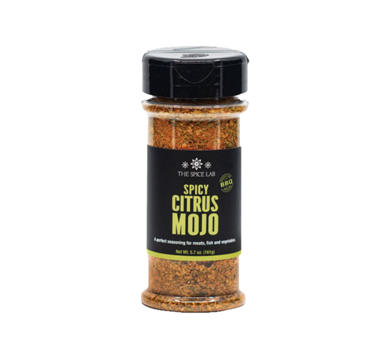 Spicy citrus mojo seasoning bottle with zesty spice blend