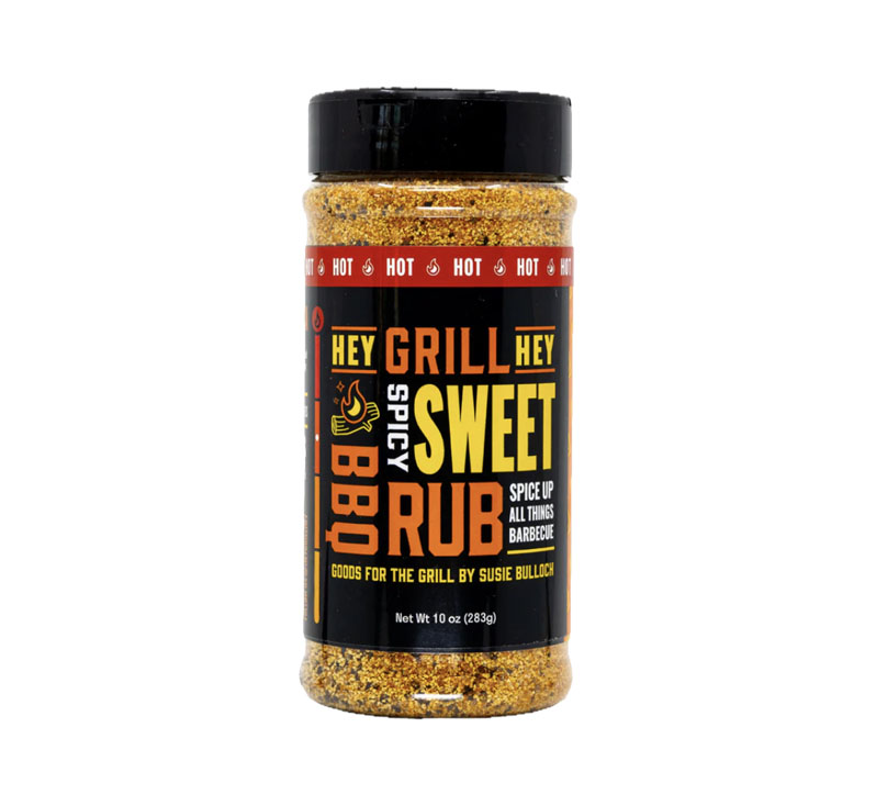 Bottle of Hey Grill Hey Spicy Sweet BBQ Rub with bold sweet heat label