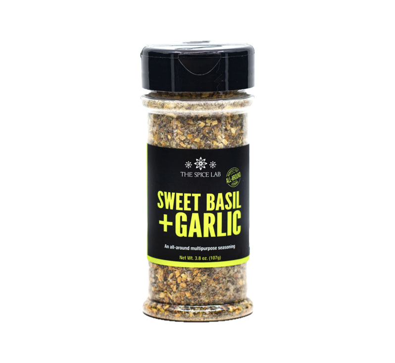The Spice Lab Sweet Basil and Garlic Blend seasoning bottle