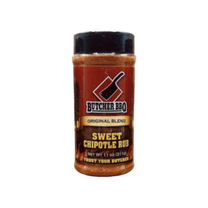 Bottle of Butcher BBQ Sweet Chipotle Barbecue Rub with bold chipotle-themed label