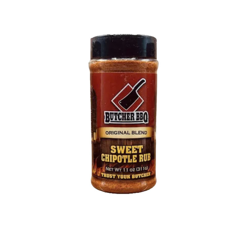 Bottle of Butcher BBQ Sweet Chipotle Barbecue Rub with bold chipotle-themed label