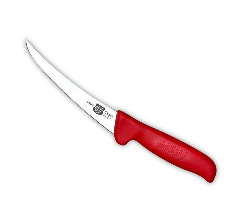 Trimming boning knife with semi-flex blade and red handle