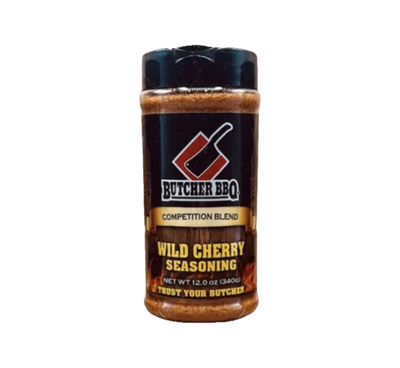 Bottle of Butcher BBQ Wild Cherry Flavor Rub with cherry-themed BBQ label