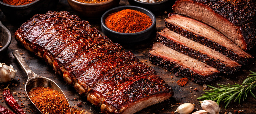 Competition BBQ rubs on smoked ribs and brisket with bold spice blend