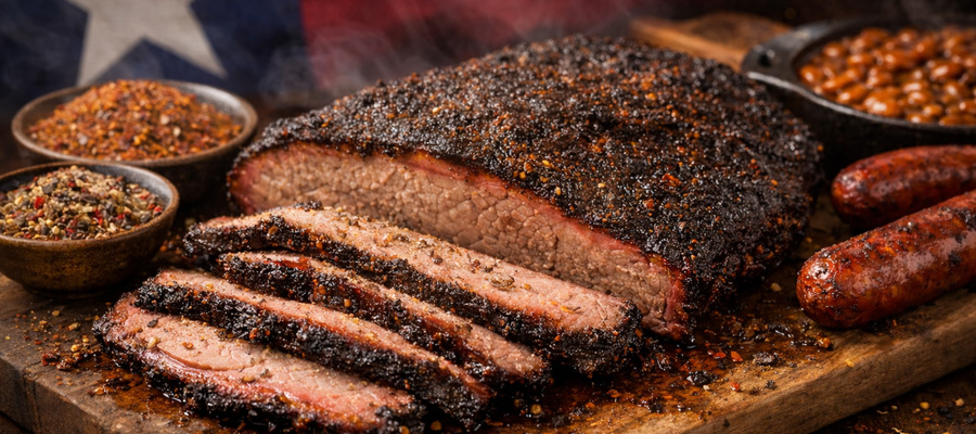 Texas-style BBQ rubs on smoked brisket with bold seasoning texture