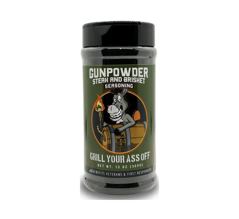 Gunpowder Steak and Brisket Seasoning bottle by Grill Your Ass Off